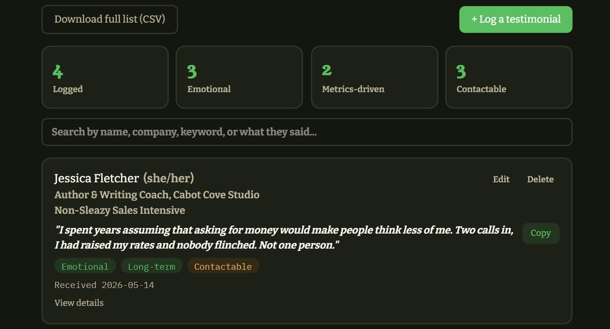 The testimonial tracker: counts of how many testimonials are logged, emotional, metrics-driven and contactable, a search box, a CSV download, and a saved entry tagged Emotional, Long-term and Contactable.